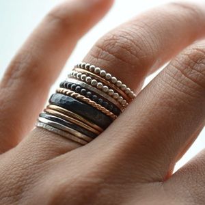 12 stacking rings, 14k gold filled and silver bands, stackable rings size US 7